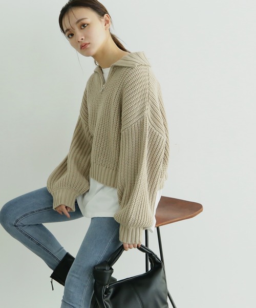 FREE'S MART(フリーズマート)の「3.5G畦編みハーフジップニット(ニット/セーター・レディース・ブラック/ホワイト/グレー・FREE)」の3枚目の写真