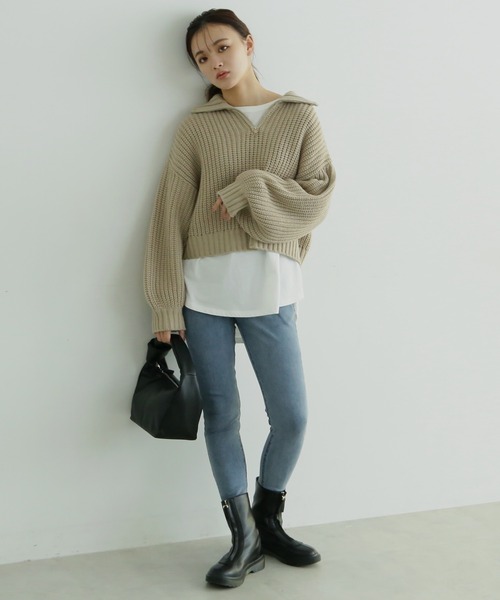 FREE'S MART(フリーズマート)の「3.5G畦編みハーフジップニット(ニット/セーター・レディース・ブラック/ホワイト/グレー・FREE)」の8枚目の写真