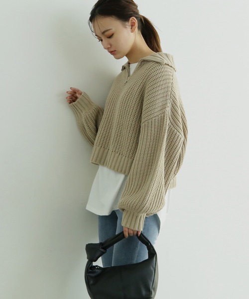 FREE'S MART(フリーズマート)の「3.5G畦編みハーフジップニット(ニット/セーター・レディース・ブラック/ホワイト/グレー・FREE)」の9枚目の写真