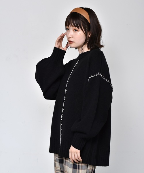 RETRO GIRL(レトロガール)の「配色ステッチニット(ニット/セーター・レディース・ブラック/ダークブラウン/オフホワイト・FREE)」の3枚目の写真