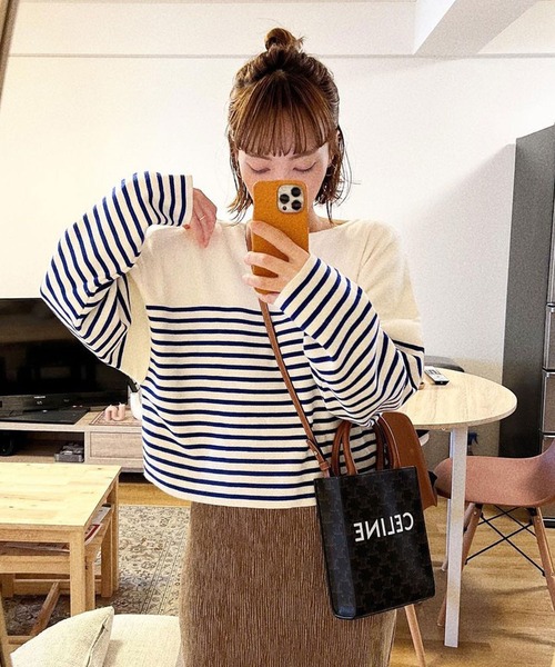 ＡＮＤＪ（アンドジェイ）の「【ANDJ MADE】パネルボーダー柄バスクニット　クロップド丈　春ニット（ニット/セーター・レディース・ブラック/テラコッタ/ブルー・M）」の3枚目の写真