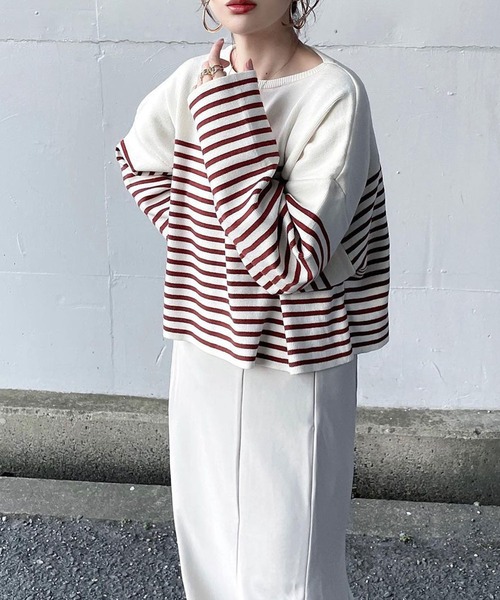 ＡＮＤＪ（アンドジェイ）の「【ANDJ MADE】パネルボーダー柄バスクニット　クロップド丈　春ニット（ニット/セーター・レディース・ブラック/テラコッタ/ブルー・M）」の2枚目の写真