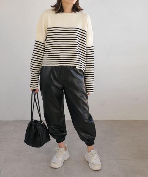 ＡＮＤＪ（アンドジェイ）の「【ANDJ MADE】パネルボーダー柄バスクニット　クロップド丈　春ニット（ニット/セーター・レディース・ブラック/テラコッタ/ブルー・M）」の4枚目の写真