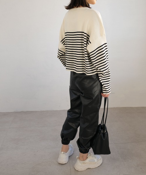 ＡＮＤＪ（アンドジェイ）の「【ANDJ MADE】パネルボーダー柄バスクニット　クロップド丈　春ニット（ニット/セーター・レディース・ブラック/テラコッタ/ブルー・M）」の6枚目の写真