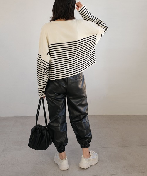 ＡＮＤＪ（アンドジェイ）の「【ANDJ MADE】パネルボーダー柄バスクニット　クロップド丈　春ニット（ニット/セーター・レディース・ブラック/テラコッタ/ブルー・M）」の7枚目の写真