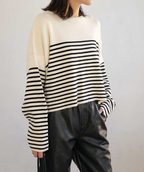 ＡＮＤＪ（アンドジェイ）の「【ANDJ MADE】パネルボーダー柄バスクニット　クロップド丈　春ニット（ニット/セーター・レディース・ブラック/テラコッタ/ブルー・M）」の8枚目の写真