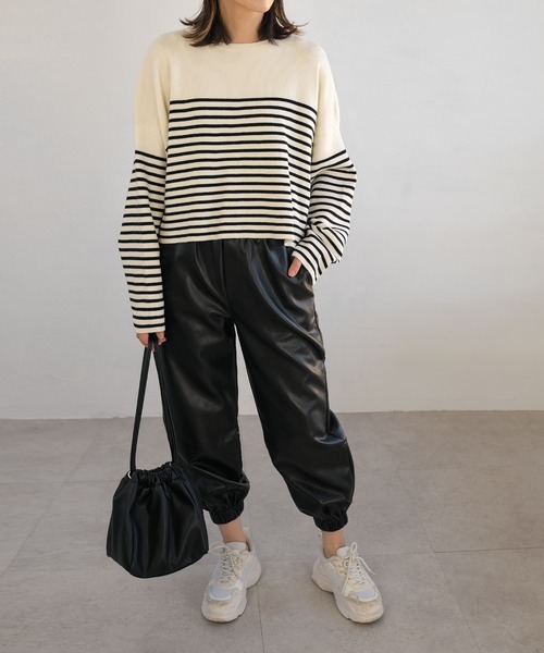 ＡＮＤＪ（アンドジェイ）の「【ANDJ MADE】パネルボーダー柄バスクニット　クロップド丈　春ニット（ニット/セーター・レディース・ブラック/テラコッタ/ブルー・M）」の9枚目の写真