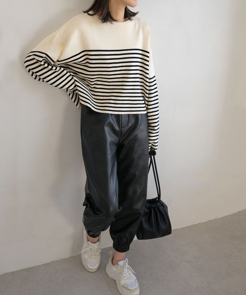 ＡＮＤＪ（アンドジェイ）の「【ANDJ MADE】パネルボーダー柄バスクニット　クロップド丈　春ニット（ニット/セーター・レディース・ブラック/テラコッタ/ブルー・M）」の12枚目の写真