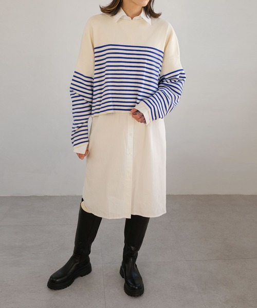 ＡＮＤＪ（アンドジェイ）の「【ANDJ MADE】パネルボーダー柄バスクニット　クロップド丈　春ニット（ニット/セーター・レディース・ブラック/テラコッタ/ブルー・M）」の13枚目の写真