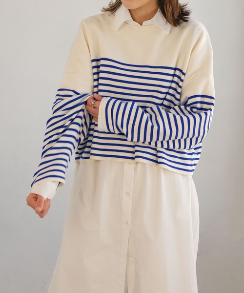 ＡＮＤＪ（アンドジェイ）の「【ANDJ MADE】パネルボーダー柄バスクニット　クロップド丈　春ニット（ニット/セーター・レディース・ブラック/テラコッタ/ブルー・M）」の14枚目の写真