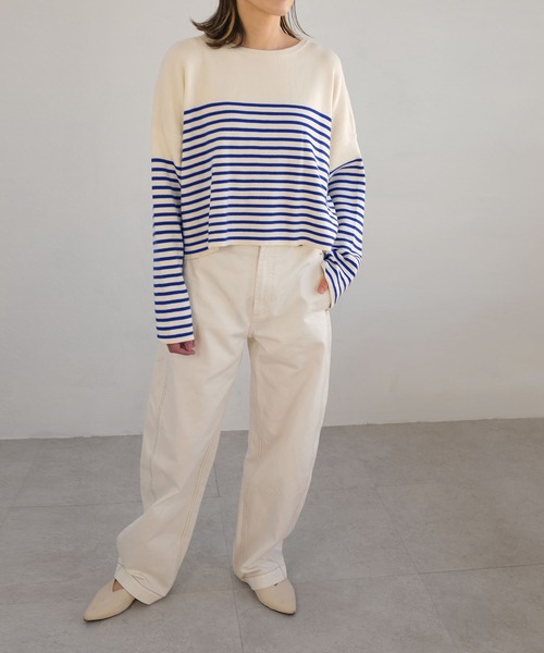 ＡＮＤＪ（アンドジェイ）の「【ANDJ MADE】パネルボーダー柄バスクニット　クロップド丈　春ニット（ニット/セーター・レディース・ブラック/テラコッタ/ブルー・M）」の19枚目の写真