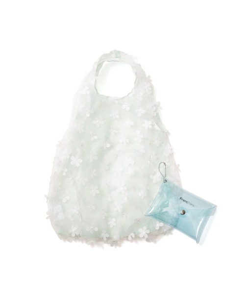 チュールバッグ フラワー ホワイト×ミント（ハンドバッグ