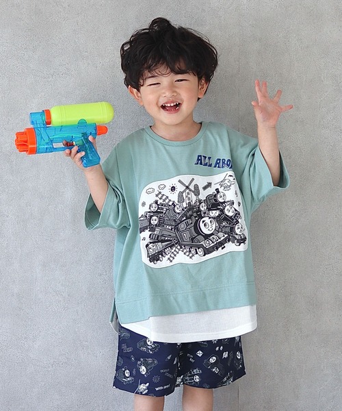 CIAOPANIC TYPY(チャオパニックティピー)の「【KIDS】【きかんしゃトーマス】コラボレイヤード風パッチワークTee(Tシャツ/カットソー・キッズ・ベージュ/チャコールグレー/ブルー/グレー系その他/サックスブルー・80/100/110/90)」の4枚目の写真