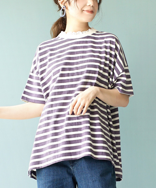e-zakkamania stores（イーザッカマニアストアーズ）の「レースレイヤード ボーダーカットソー（Tシャツ/カットソー・レディース・スミクロ/パープル/イエロー・M）」の3枚目の写真