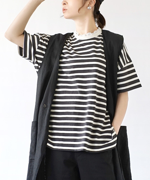e-zakkamania stores（イーザッカマニアストアーズ）の「レースレイヤード ボーダーカットソー（Tシャツ/カットソー・レディース・スミクロ/パープル/イエロー・M）」の2枚目の写真