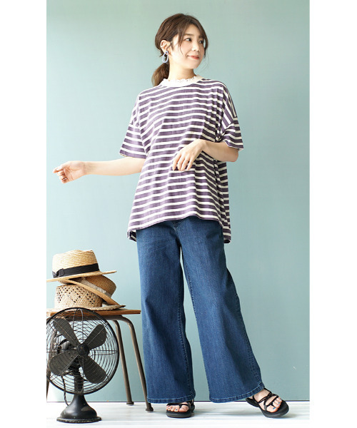 e-zakkamania stores（イーザッカマニアストアーズ）の「レースレイヤード ボーダーカットソー（Tシャツ/カットソー・レディース・スミクロ/パープル/イエロー・M）」の15枚目の写真