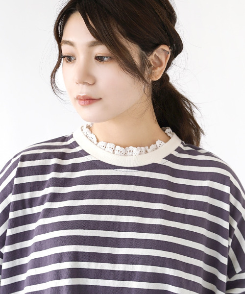 e-zakkamania stores（イーザッカマニアストアーズ）の「レースレイヤード ボーダーカットソー（Tシャツ/カットソー・レディース・スミクロ/パープル/イエロー・M）」の17枚目の写真
