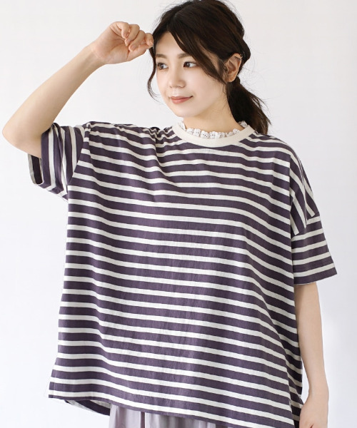 e-zakkamania stores（イーザッカマニアストアーズ）の「レースレイヤード ボーダーカットソー（Tシャツ/カットソー・レディース・スミクロ/パープル/イエロー・M）」の7枚目の写真