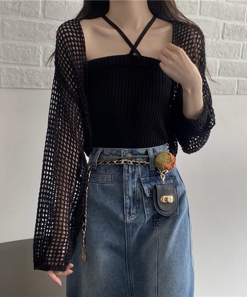 Jewelobe（ジュエローブ）の「透かし編みショートカーディガン（カーディガン/ボレロ・レディース・ブラック/オフホワイト・FREE）」の8枚目の写真