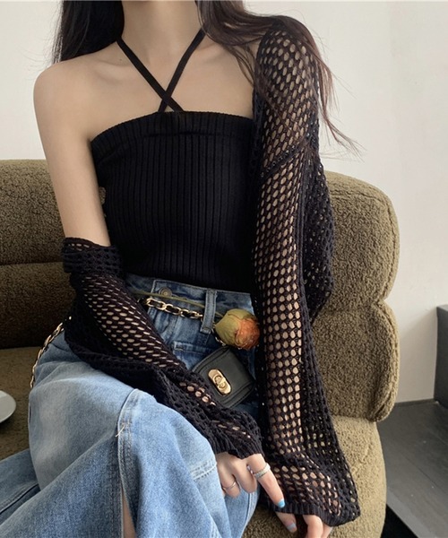 Jewelobe（ジュエローブ）の「透かし編みショートカーディガン（カーディガン/ボレロ・レディース・ブラック/オフホワイト・FREE）」の10枚目の写真