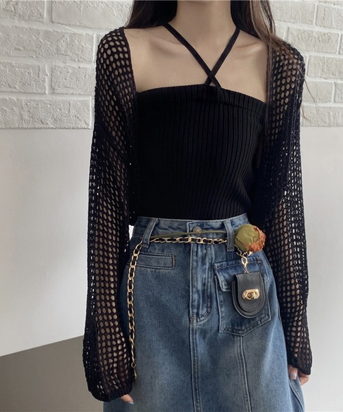 Jewelobe（ジュエローブ）の「透かし編みショートカーディガン（カーディガン/ボレロ・レディース・ブラック/オフホワイト・FREE）」の3枚目の写真