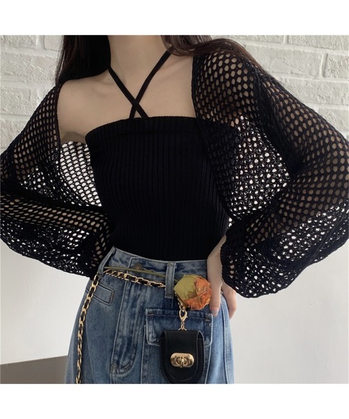 Jewelobe（ジュエローブ）の「透かし編みショートカーディガン（カーディガン/ボレロ・レディース・ブラック/オフホワイト・FREE）」の7枚目の写真