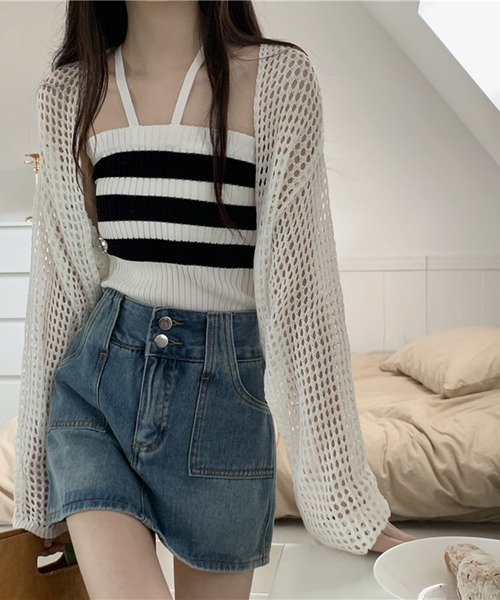 Jewelobe（ジュエローブ）の「透かし編みショートカーディガン（カーディガン/ボレロ・レディース・ブラック/オフホワイト・FREE）」の9枚目の写真