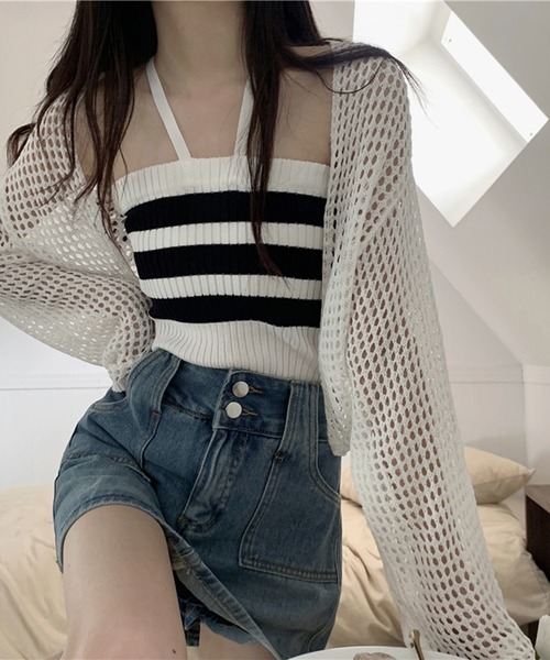 Jewelobe（ジュエローブ）の「透かし編みショートカーディガン（カーディガン/ボレロ・レディース・ブラック/オフホワイト・FREE）」の15枚目の写真