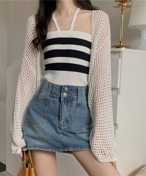 Jewelobe（ジュエローブ）の「透かし編みショートカーディガン（カーディガン/ボレロ・レディース・ブラック/オフホワイト・FREE）」の11枚目の写真