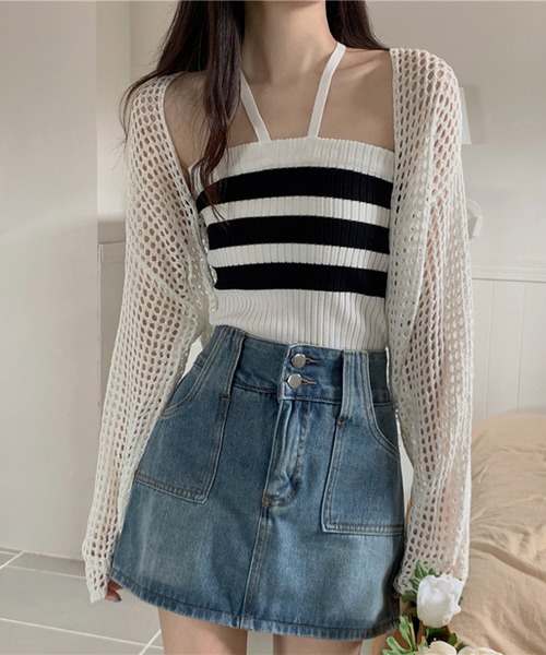 Jewelobe（ジュエローブ）の「透かし編みショートカーディガン（カーディガン/ボレロ・レディース・ブラック/オフホワイト・FREE）」の17枚目の写真