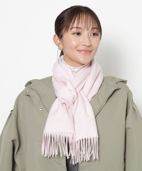 ロゴ入りベージュマフラー38×180 FURLA 【日本製】本革ネーム付き アルパカ混シャギーマフラー 25×180cm
