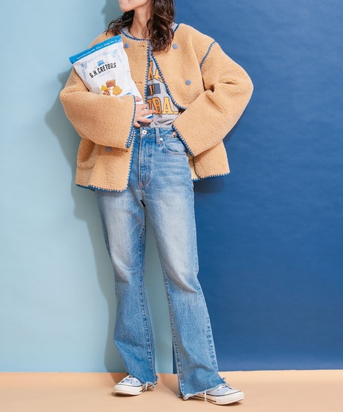 HELLO.SANFRANCISCO（ハローサンフランシスコ）の「【HELLO.SANFRANCISCO/ハローサンフランシスコ】ハマグリステッチボアジャケット（ノーカラージャケット・レディース・イエロー/アイボリー/サックスブルー・ONE SIZE）」の12枚目の写真