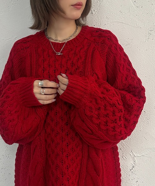 apres jour mignon(アプレジュールミニョン)の「ケーブルBIGニット【ZOZOTOWN限定アイテム】(ニット/セーター・レディース・レッド/ライトベージュ/マスタード・フリー/X-LARGE)」の3枚目の写真