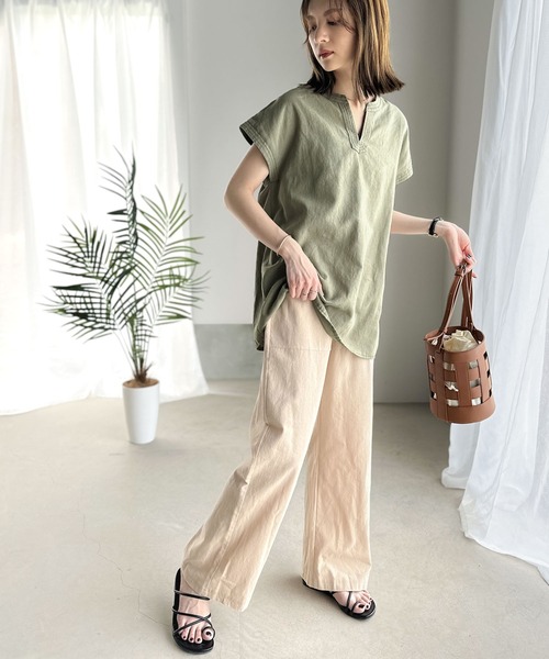 classicalelf(クラシカルエルフ)の「上品リラクシー。2way麻混Vネックトップス(Tシャツ/カットソー・レディース・キャメル/チャコールグレー/アイボリー/カーキ・LARGE/MEDIUM/SMALL/X-LARGE)」の18枚目の写真