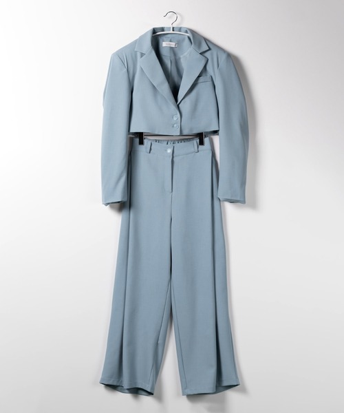 me+em select（ミームセレクト）の「【 セットアップ 】ショートテーラードジャケット ＆ ワンタックワイドスラックス SET【 韓国製 】（セットアップ・レディース・グレー/ブルー・FREE）」の3枚目の写真