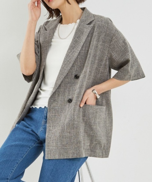 セットアップ対応】リネンライク半袖ジャケット（テーラード