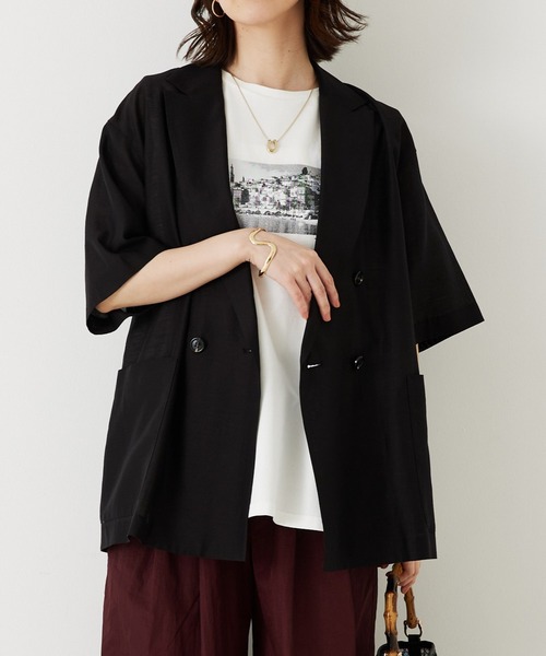 セットアップ対応】リネンライク半袖ジャケット（テーラードジャケット