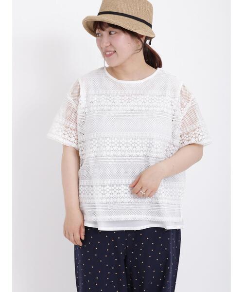 Samansa Mos2（サマンサ モスモス）の「ボーダーレースレイヤードTブラウス（シャツ/ブラウス・レディース・グリーン/キナリ/オフホワイト/ブラウン/ブラック・F）」の2枚目の写真