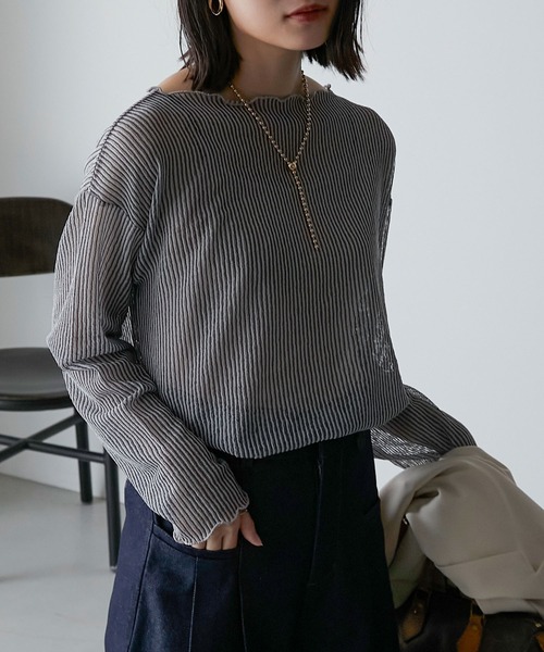 Anss.me(アンスミー)の「【Anss.me】オーバーサイズシアーストライプカットソー(Tシャツ/カットソー・レディース・ベージュ/アイボリー/ブラック/グレー・FREE)」の3枚目の写真