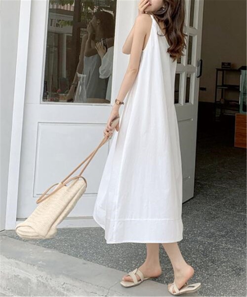 セール】前後Vネック白キャミワンピース ビーチ リゾート（ワンピース