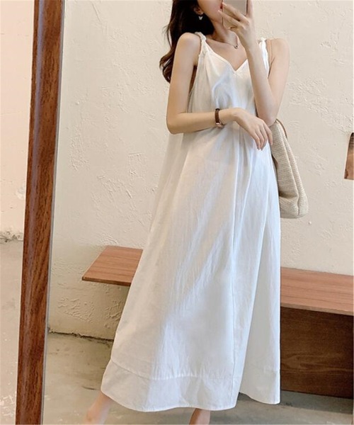 セール】前後Vネック白キャミワンピース ビーチ リゾート（ワンピース