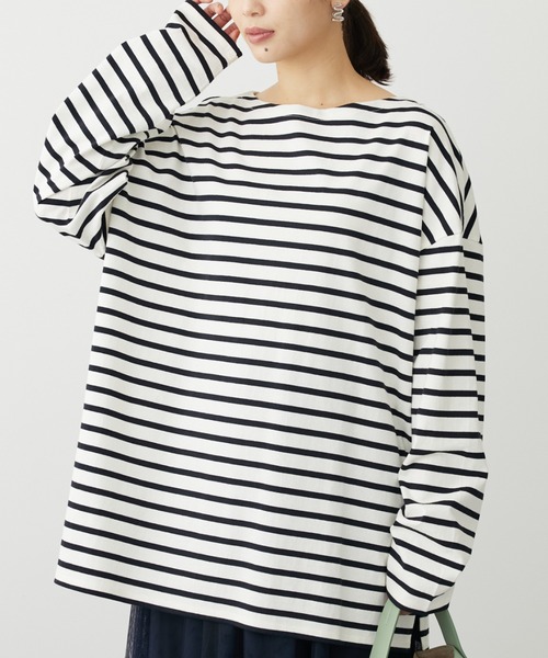 Green Parks(グリーンパークス)の「ボーダーゆるチュニック(チュニック・レディース・オフホワイト/レッド/ブルー/ネイビー・FREE)」の1枚目の写真