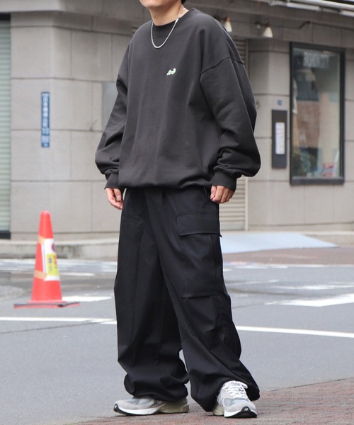 裏起毛 ドロスト ワンポイント刺繍ロゴ ビッグシルエットプルオーバー