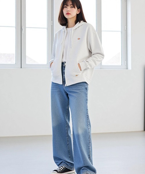 Dickies（ディッキーズ）の「Dickies/ディッキーズ 別注 オーバーサイズ 裏起毛 ミニロゴワッペン ワンポイント刺繍 スウェット ジップアップパーカー/長袖 トップス フルジップパーカー/レディース メンズ（パーカー・メンズ・グレー/ブラック/アッシュグレー/ネイビー・L/XL/M）」の18枚目の写真