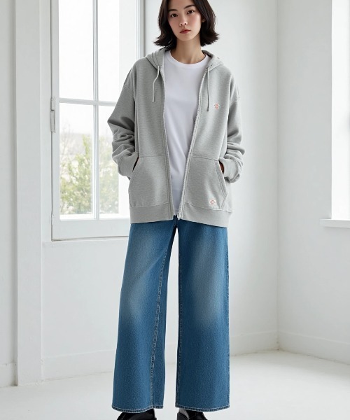 Dickiesジップアップパーカー裏地サーマル短丈フェードネイビー美品 CBOY プルオーバー パーカー 撥水 裏起毛 フロントロゴ プ トップス