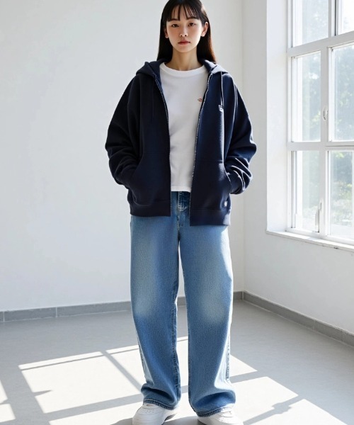 Dickiesジップアップパーカー裏地サーマル短丈フェードネイビー美品 CBOY セール】Dickies/ディッキーズ 別注 オーバーサイズ 裏起毛 ミニ