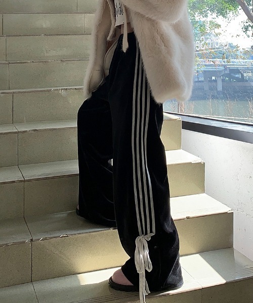 レディースラテンパンツ　ウエストベロア　サイドベロアリボン レディースラテンパンツ ウエストベロア サイドベロアリボン