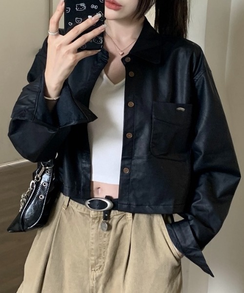LADY LIKE（レディライク）の「背中開きフェイクレザーシャツブルゾン