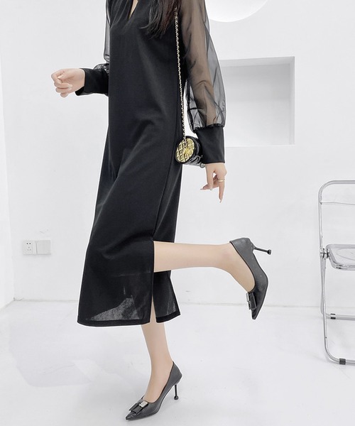 Grandeir（グランディール）の「サイドスリットシースルー袖ワンピース（ワンピース・レディース・ベージュ/ブラック・M）」の5枚目の写真