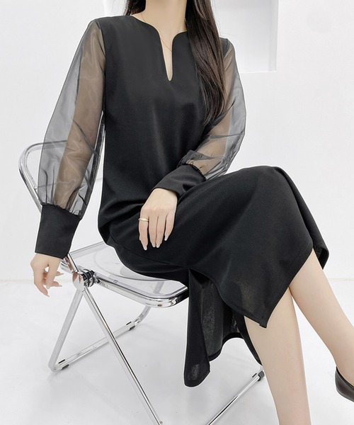 Grandeir（グランディール）の「サイドスリットシースルー袖ワンピース（ワンピース・レディース・ベージュ/ブラック・M）」の7枚目の写真